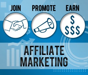 Affiliate Marketing conceptual image with various element and blue background.